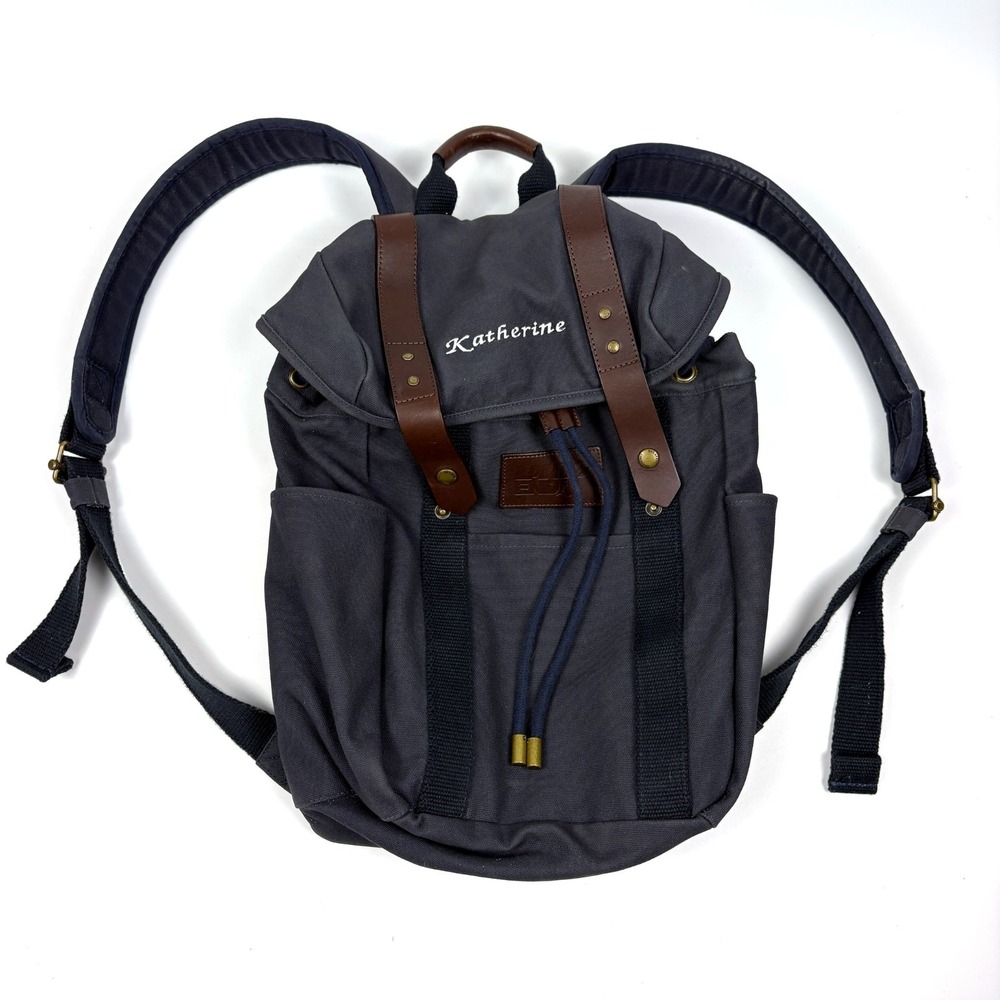 Lands End Waxed Canvas Backpack Navy Blue Leather Straps Padded Outdoors Daypack